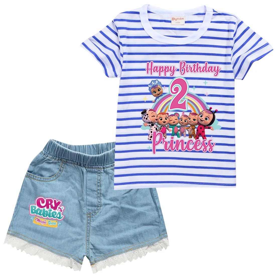 

Baby Girl Boy Clothes Set 2022 Summer Kids Short Sleeve Cute Crying Baby Striped T-Shirt + Denim 2 Piece Set Kids Birthday Set