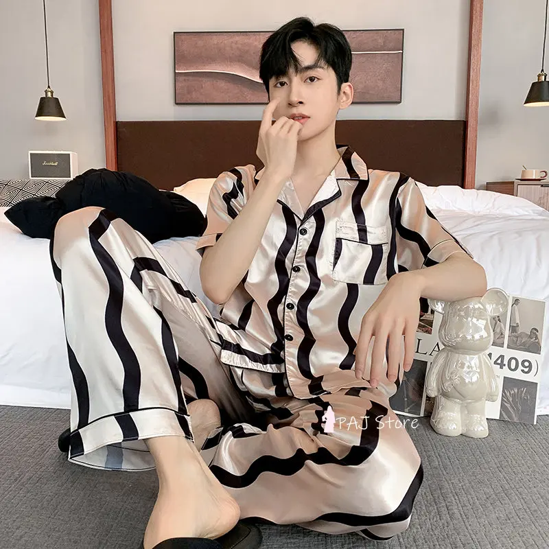 Men Sleepwear Silk Satin Pijama Set Pajama Sets Short Sleeve Sleep Home Clothes Man 2 Pieces Sets Home Suits Pyjamas L-5XL