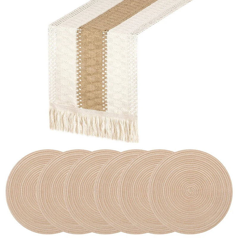 

Practical Table Runners and 15 Inch Round Braided Placemats Set Splicing Cotton Boho Table Runner with Tassels