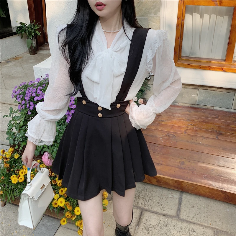 Шифоновая кружевная Свободная блузка с длинным рукавом и бантом + узкая юбка