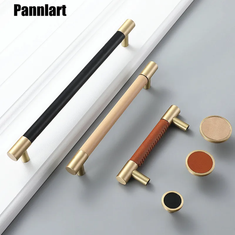 

Pannlart 1 Pc Nordic Brass Genuine Leather Handles Cabinet Door Pull for Furniture Simple Wardrobe Drawer Wine Cabinet Door Knob