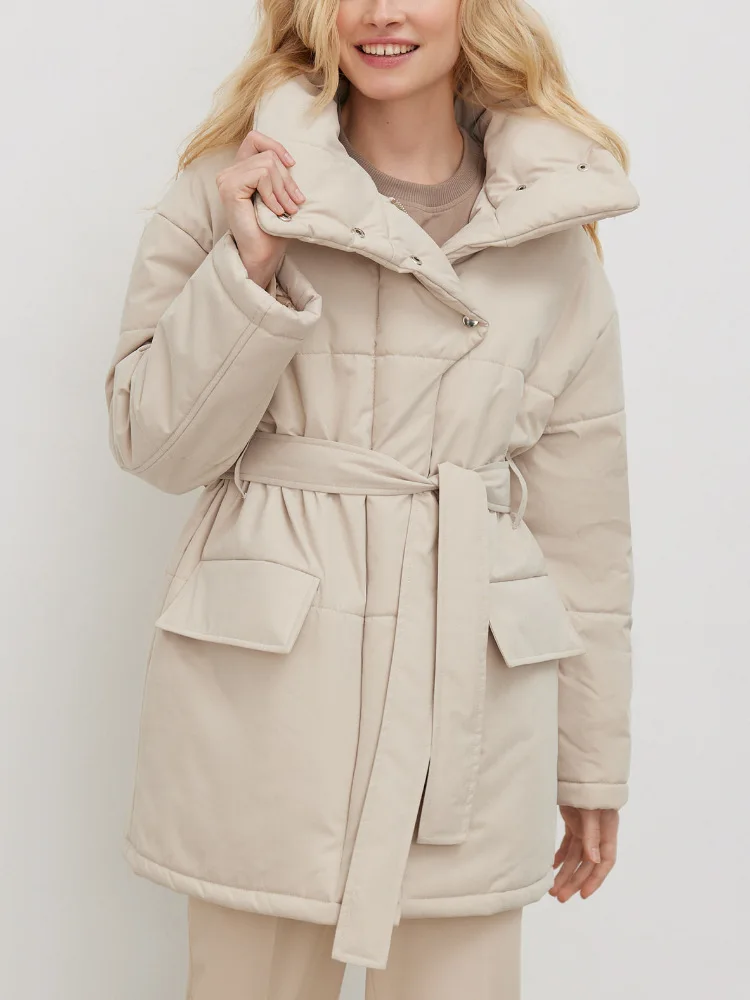 Women's Cotton Coat. Autumn and Winter 2022,Casual Warm Cotton Padded Clothes with Belt