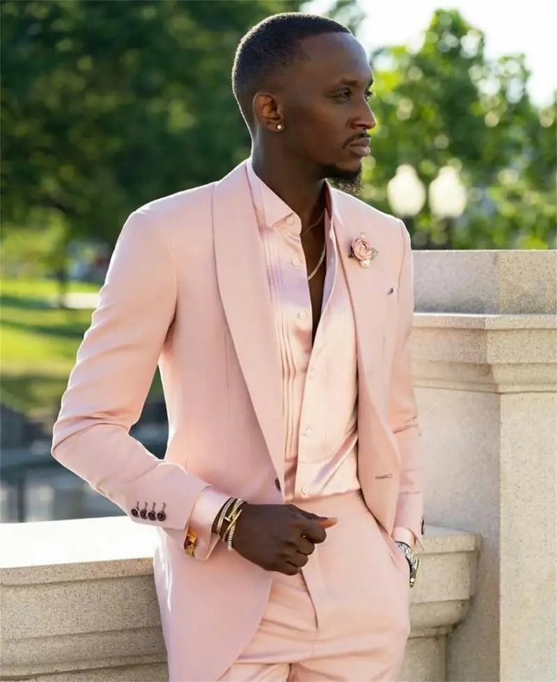 

Handsome Blush Pink Mens Suits Wedding Tuxedos 2 Pieces Groom Formal Wear Pants Suit Men Business Evening Prom Blazer