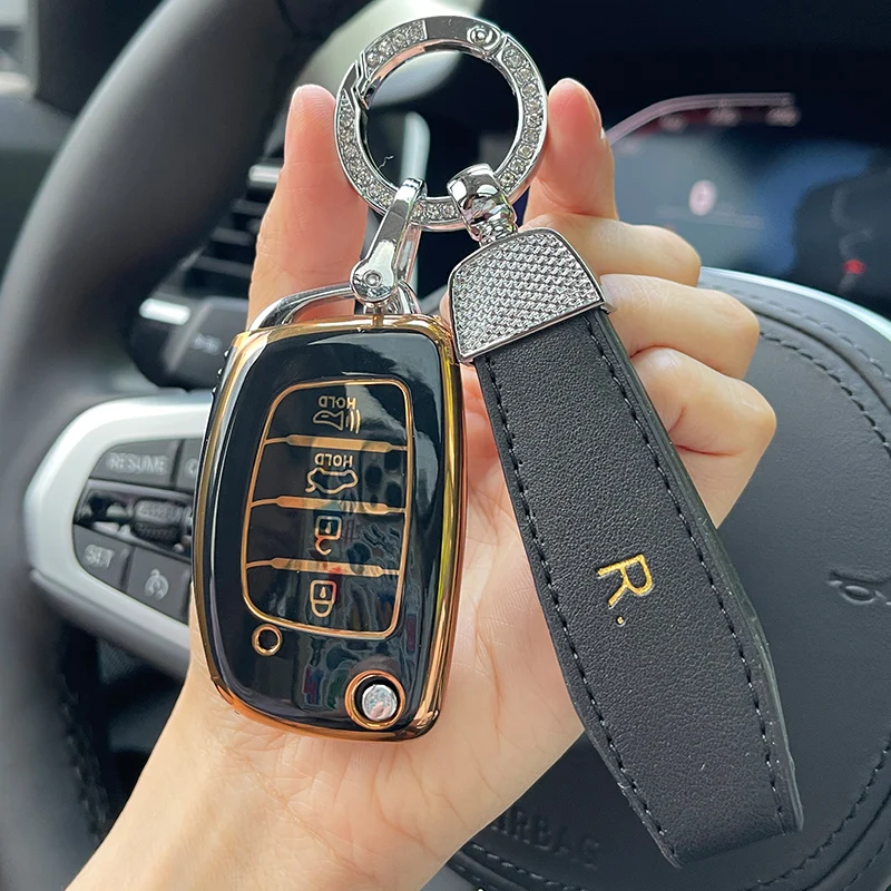 

LUNDA Leather Key Chain Flip Folding Key 4 Button Car Key Case Cover for Hyundai Sonata 2015 Santa Fe 2013 GLS Key Shell Fob
