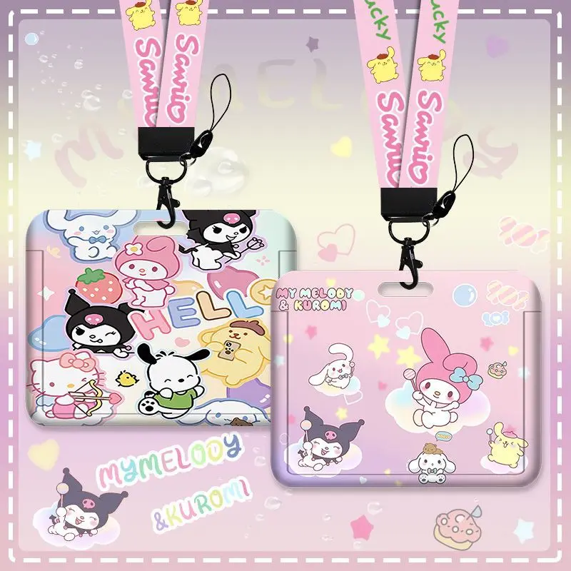 

Sanrio Hello Kitty Cinnamoroll Anime Kawaii Hanging Neck Card Set Cute Cartoon Kuromi Bus School Card Cover Toys for Kids