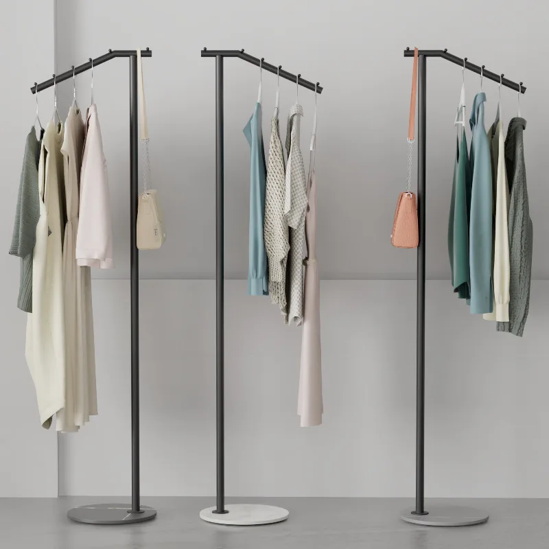 

Modern Minimalist Bedroom Living Room Vertical Non-Occupying Space Iron Hanger Rod Household Floor-Standing Stone PlateCoat Rack
