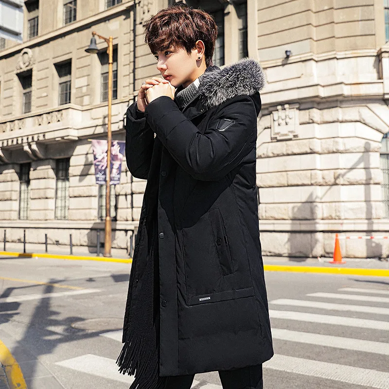 Autumn/Winter 2022 Men's long Down jacket 100% white eiderdown hooded large fur collar fashion youth coat