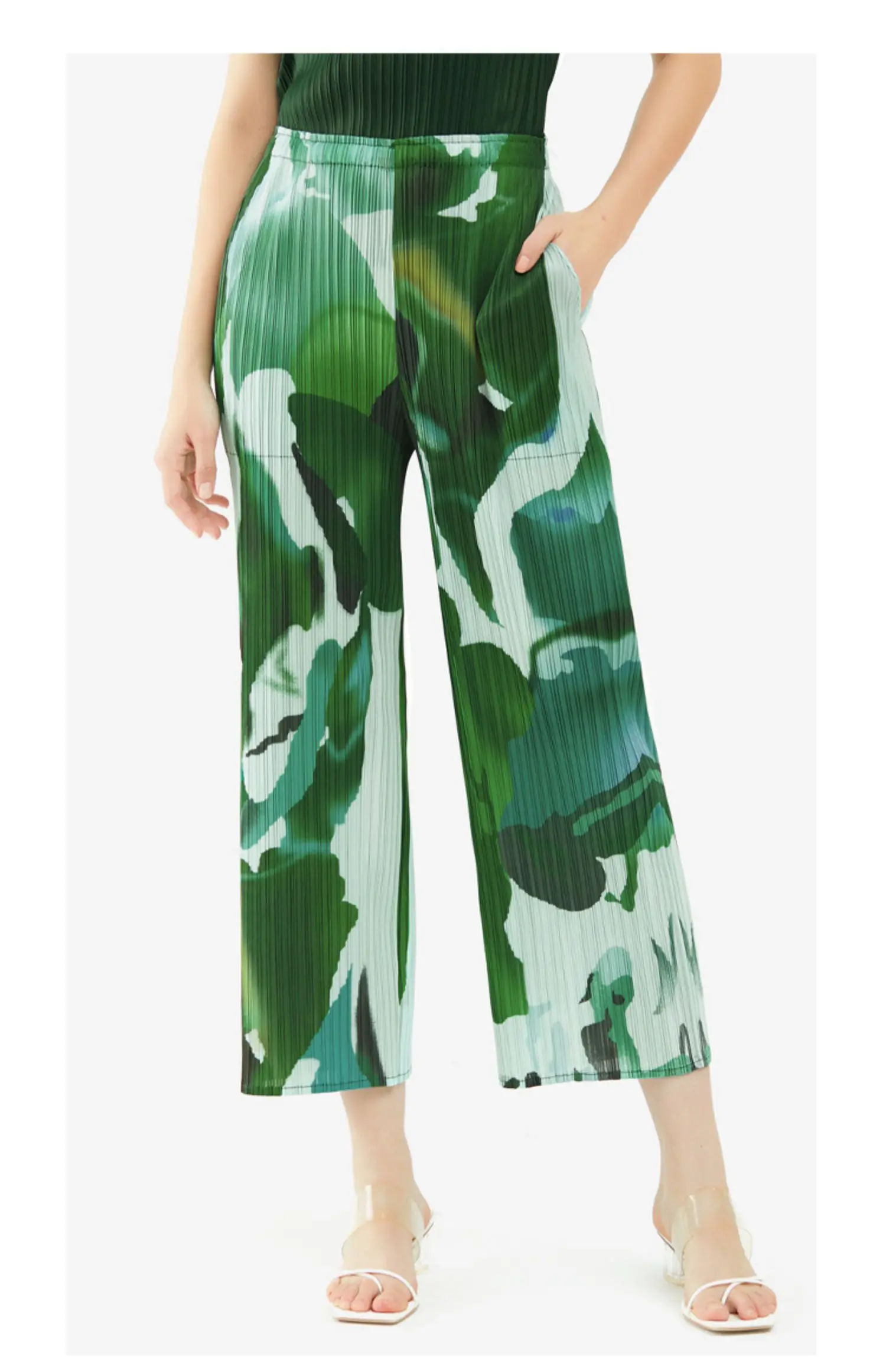 HOT SELLING miyake Fashion pleated print  geometry straight pants IN STOCK