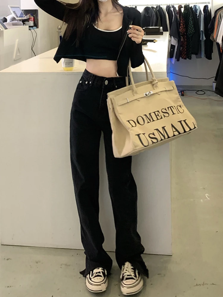 

High Waist Slim Jeans 2022 Women Pants Washed Raw Edges Slit Straight Leg Baggy Jeans Lengthened Wide Leg Floor Pulling Jeans