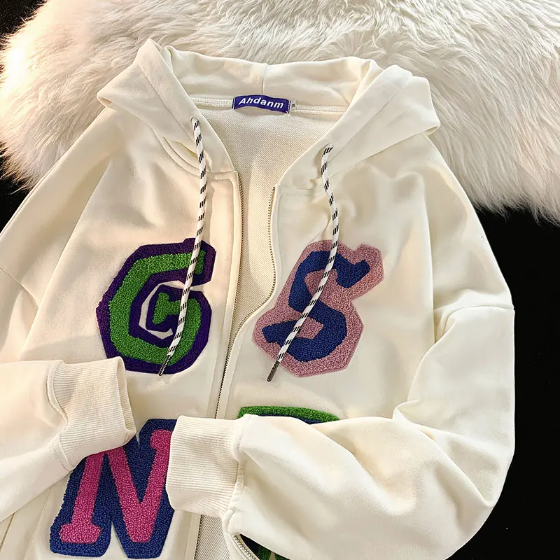 

Women Zip Up Hoodie Streetwear Contrast Towel Embroidery Long Sleeve Sweatshirts Gothic Hip Hop Y2k Autumn Female Hoodie Jackets