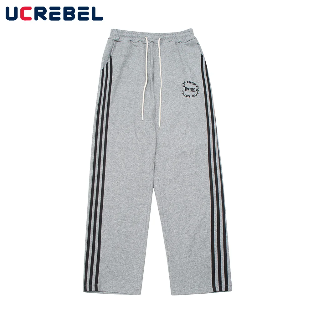 

Side-Striped Sweatpants Mens Streetwear Letter Embroidery Wide Leg Pants High Street Elastic Waist Loose Casual Trousers Men