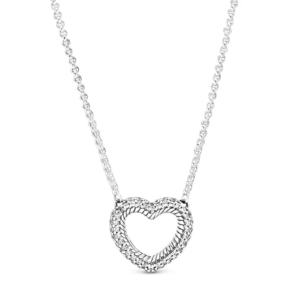 

Authentic 925 Sterling Silver Sparkling Snake Chain Pattern Open Heart Collier Necklace For Women Bead Charm Diy Fashion Jewelry