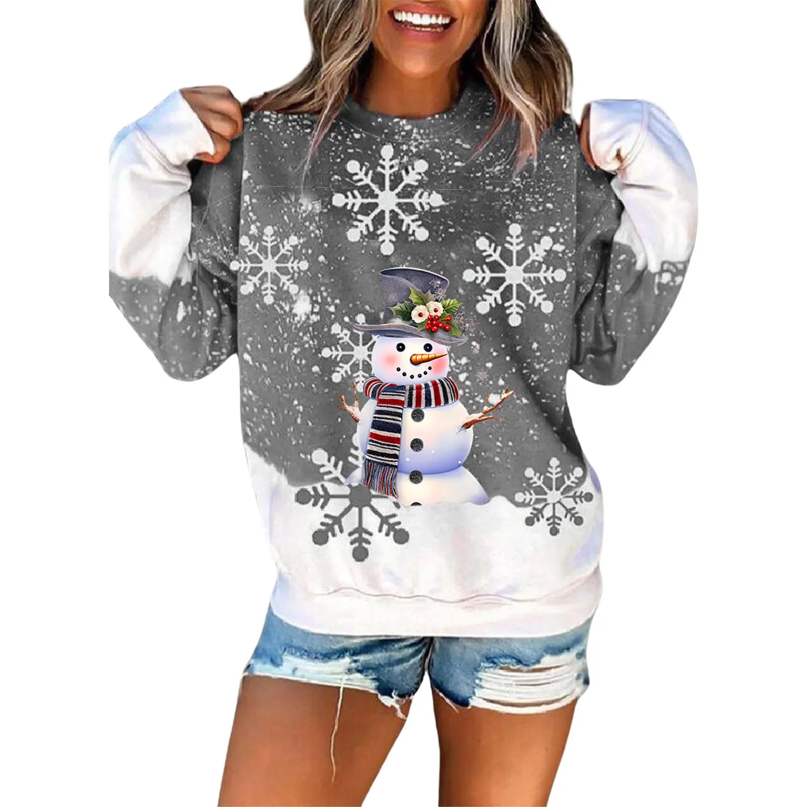 

Women Fashion Round Neck Christmas Print Long Sleeve Blouse Pullover Sweatshirt Tops Fairy Aesthetic Sports Egirl 90s