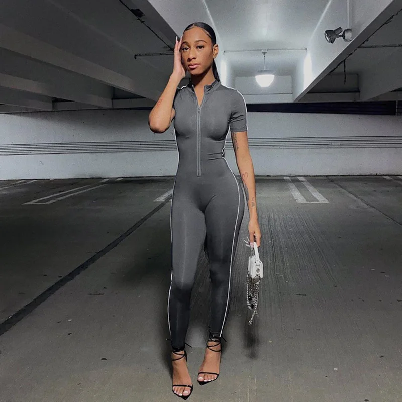 Reflective Short Sleeve Jumpsuits Sportwear Female Bodycon Workout Overalls Skinny Zipper One Piece Romper Clothing Jump Suits