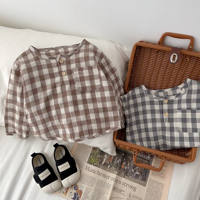 

Осень 2023, детская футболка для 0-3 лет, корейский стиль, для новорожденных мальчиков и девочек, с длинным рукавом и круглым вырезом, клетчатая блузка, свободная футболка, наряды, повседневная одежда