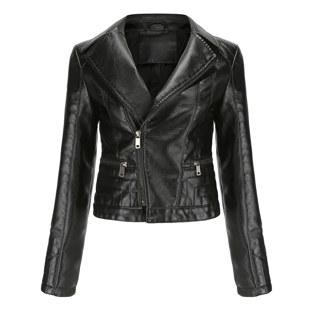 Kenntrice Women PU Leather Jacket 2022 Asymmetric Zip Leather Jackets Outerwear Short Spring Turn Down Collar Fashion Slim Coat