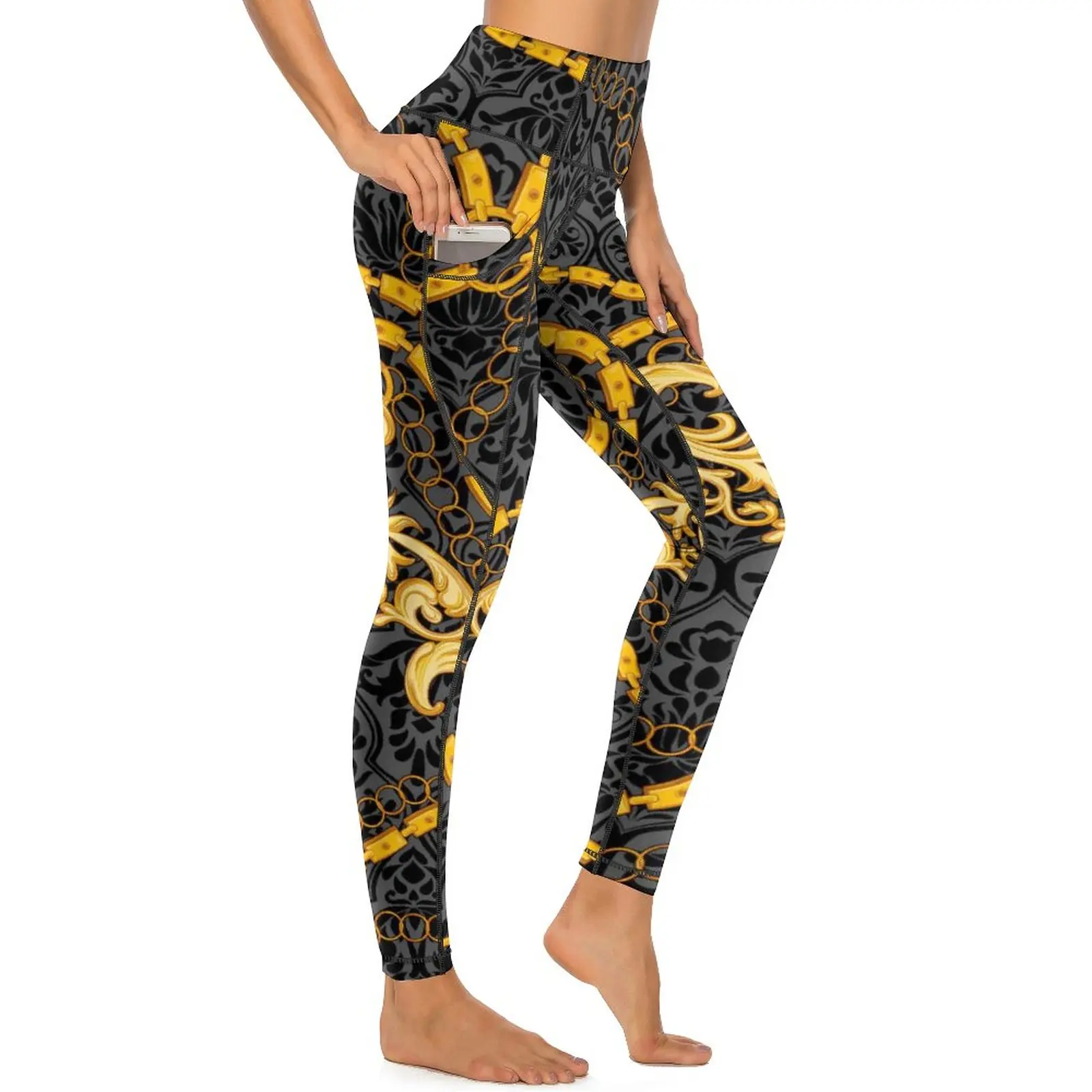 

Gold Chain Leggings Sexy Vintage Print Workout Yoga Pants High Waist Quick-Dry Sports Tights With Pockets Kawaii Pattern Leggins
