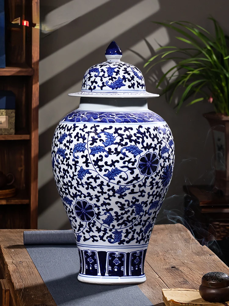 

Jingdezhen Ceramic Vase New Chinese Large Floor Living Room Blue and White Porcelain Temple Jar