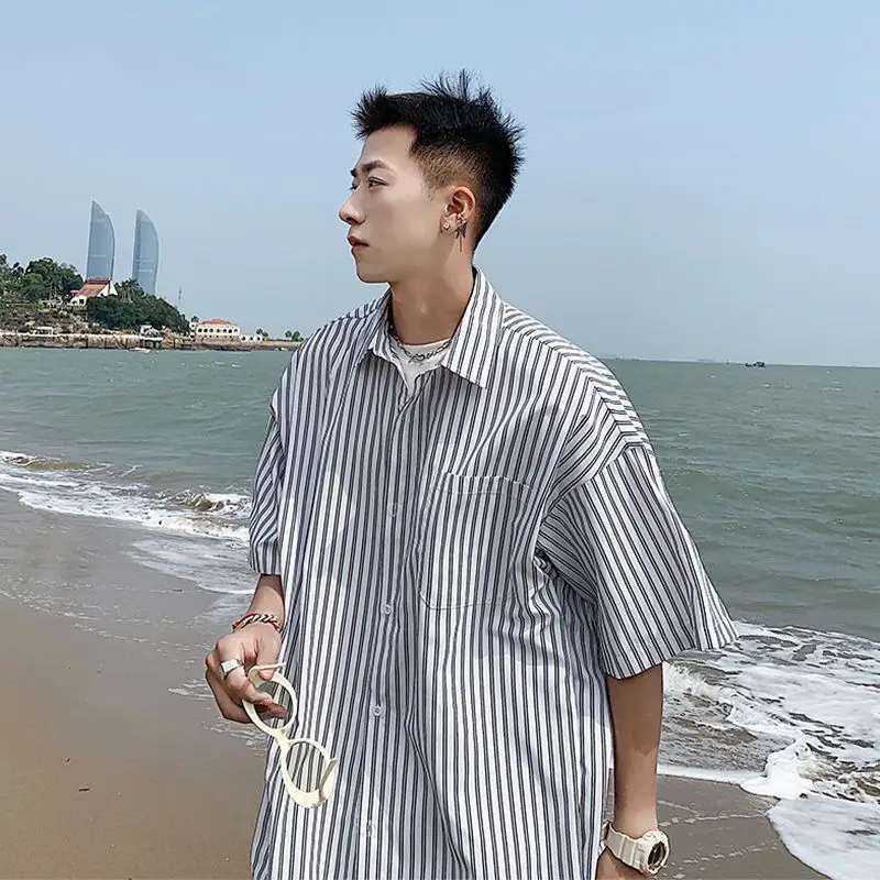 

Short Sleeve Shirt Men Korean Fashion Half-sleeved Shirt Handsome Summer Lapel Stripe Casual Ice Silk High Quality Top Q39