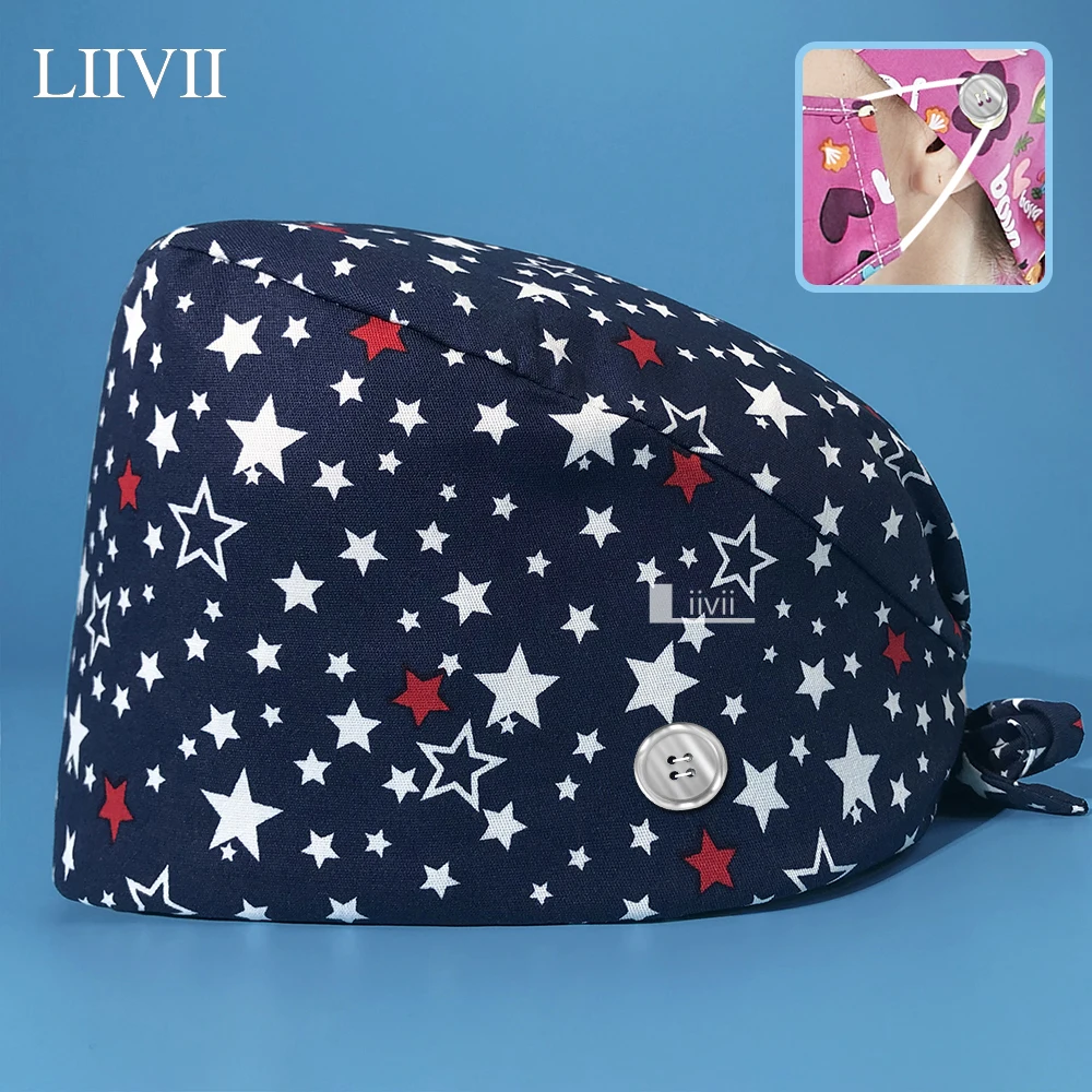 

High Quality cotton clinical hat multicolor fashion printing button breathable scrub cap men and women adjustable nursing hat