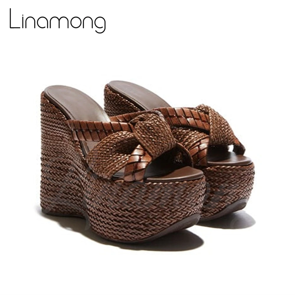 Wedge Slippers Braided Leather Summer Sandals Brown Espadrilles Super High Heel Mules for Women Gold Rhinestone Luxury Slippers