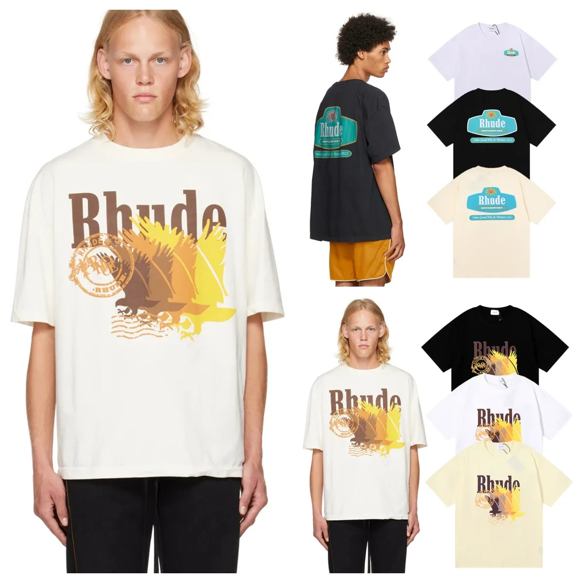 

RHUDE New T-shirt Postage Gradient Pattern Print High Quality Double Yarn Cotton Short Sleeve Top for Men Women