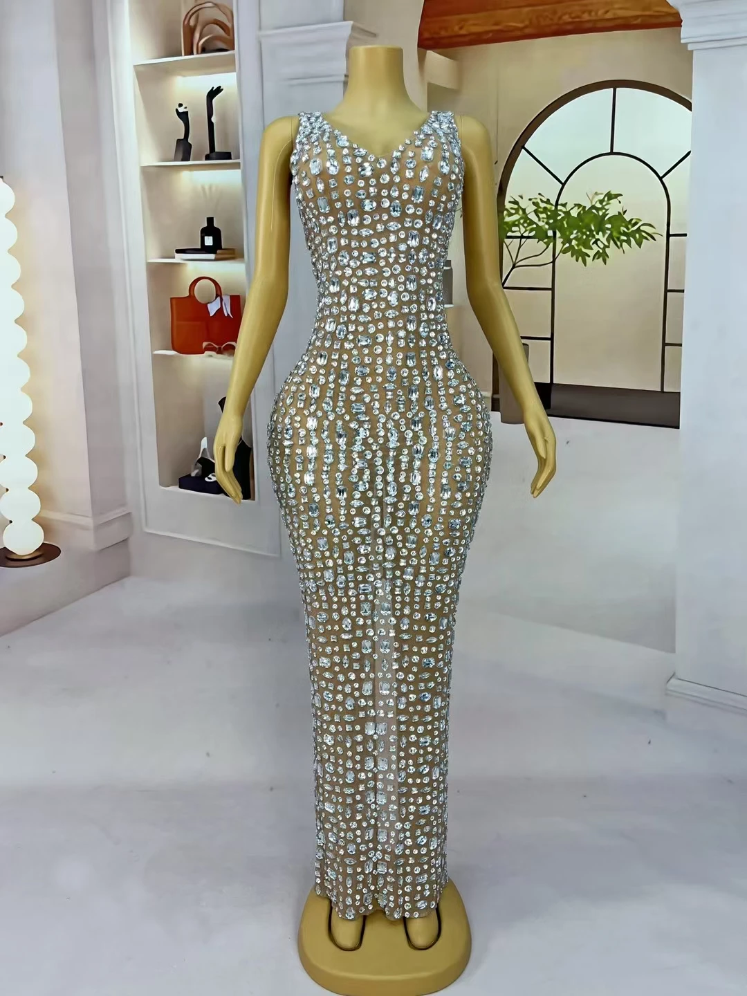 Сексуальное сетчатое платье для выпускного вечера с блестящими стразами