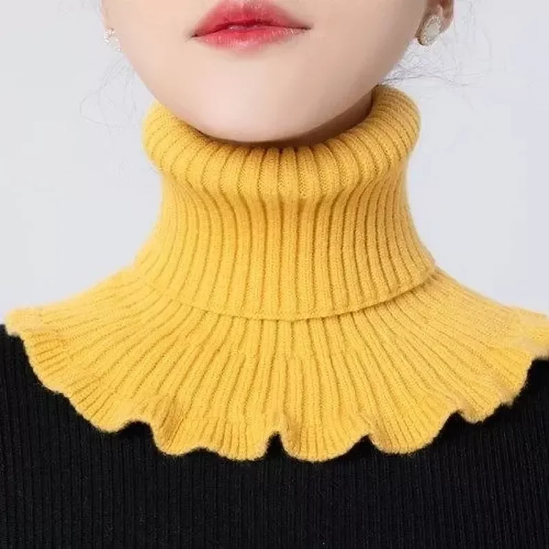 

Fake Collar Neck Guard Fall/Winter Womens High-neck Thicker More Versatile Collar Pure Color High-stretch Knit Ruffle Bib