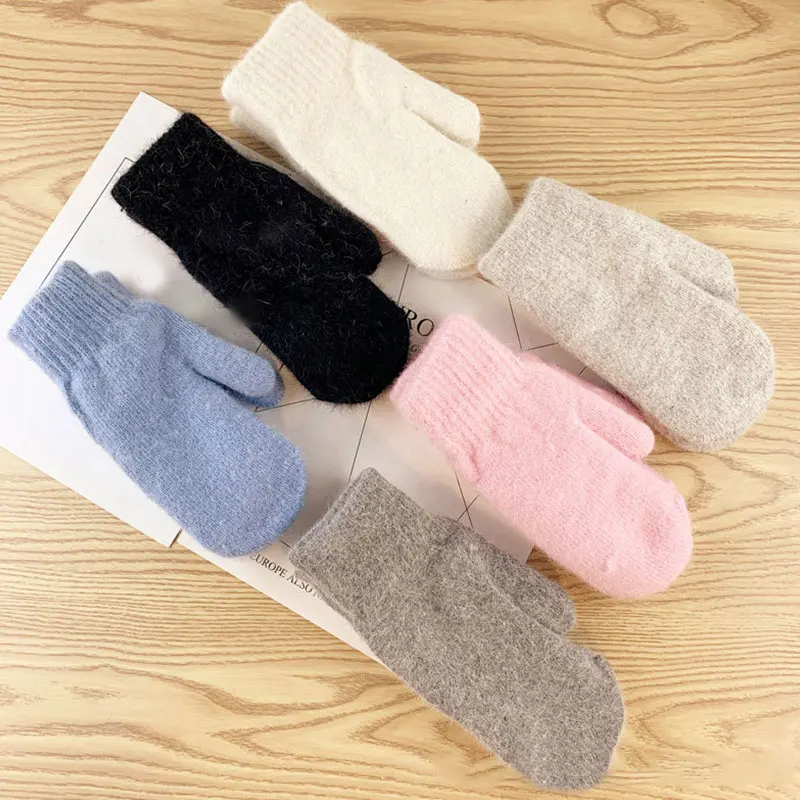 

Women Gloves Double Layer Short Rabbit Fur Mittens Thicken Knitted Solid Color Soft Warm Full Finger Plush Riding Cycling Gloves