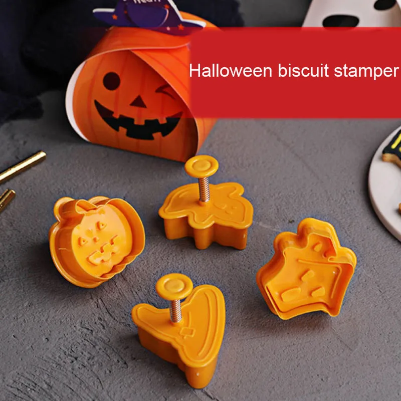 

4pcs Halloween Pumpkin Ghost Theme Plastic Cookie Cutter Plunger Fondant Sugarcraft Chocolate Mold Cake Decorating Tools