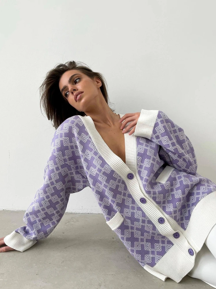 

Women's Purple Knit Oversized Mid Length Cardigan Long Sleeve Sweater Fall Fashion V-Neck Green Argyle Buttons Harajuku Jumpers