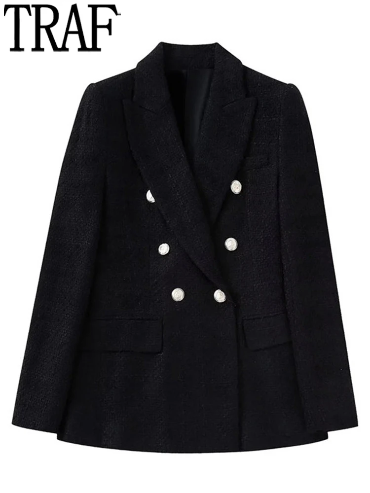 

TRAF 2022 Black Casual Blazer Woman Tweed Double Breasted Blazer Women Elegant Office Wear Women Coat Long Sleeve Autumn Jacket