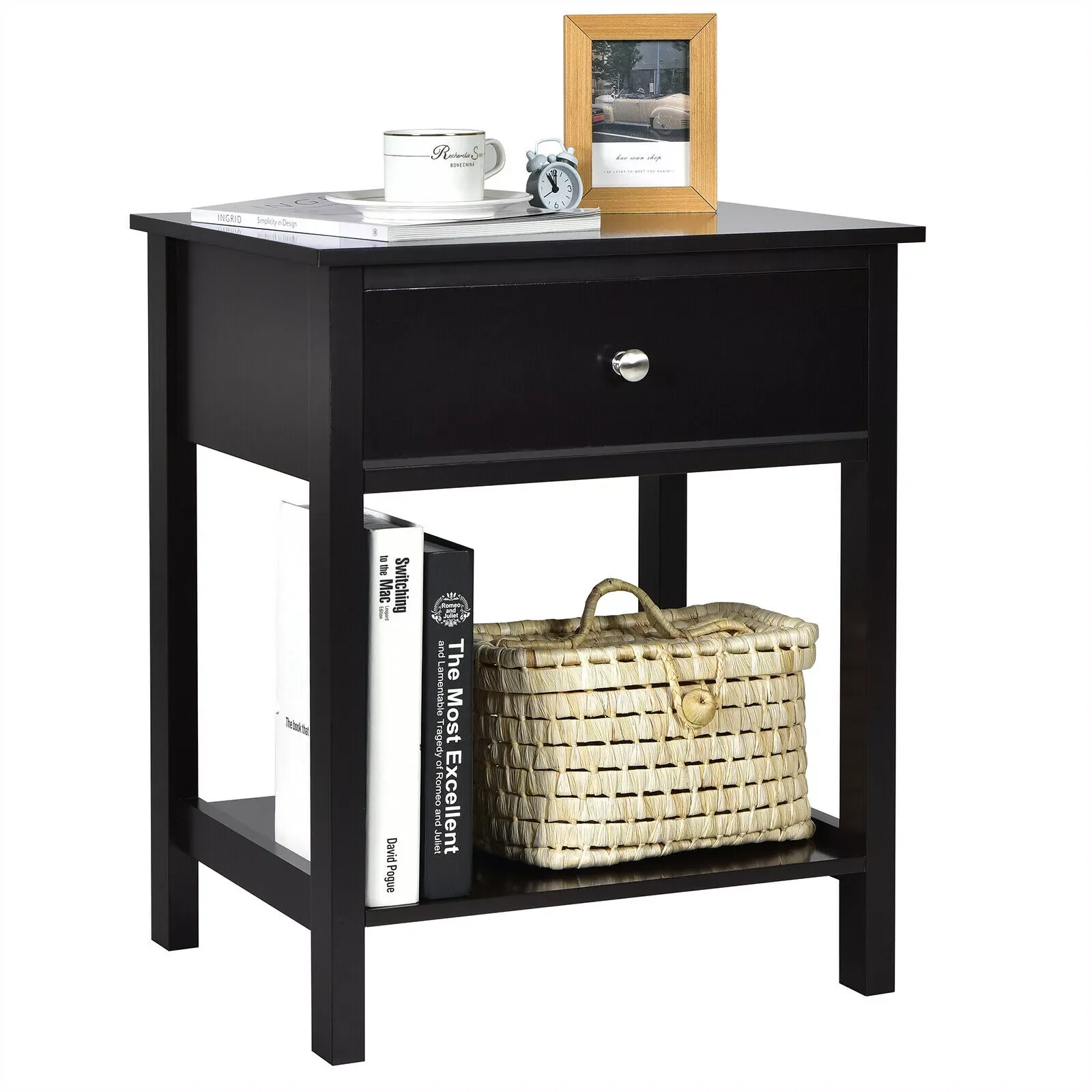 

Nightstand with Drawer Storage Shelf Wooden Bedside Sofa Side Table HW66943