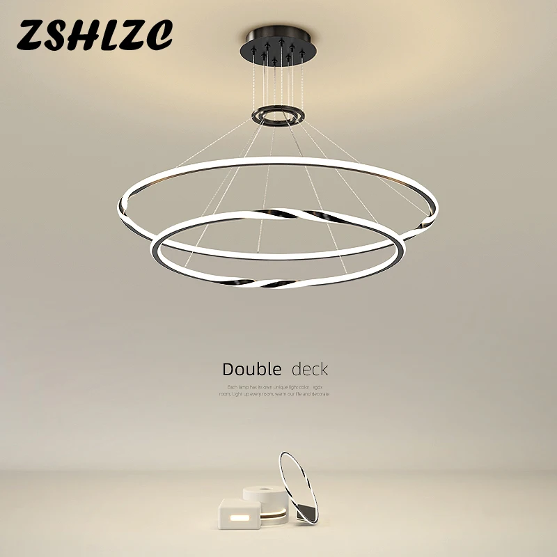 

LED Rings Pendant Light Balck/White Color Lamp For Living Room Bedroom Dining Room Kitchen Indoor With Remote Control Chandelier