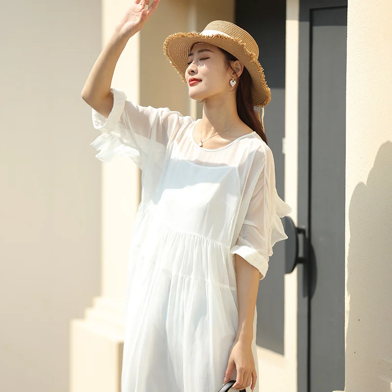 French Mulberry Silk Dress Women's Solid Short Sleeve 2023 Summer New Waist Slim High-end Silk Mid-length Dress 23E002