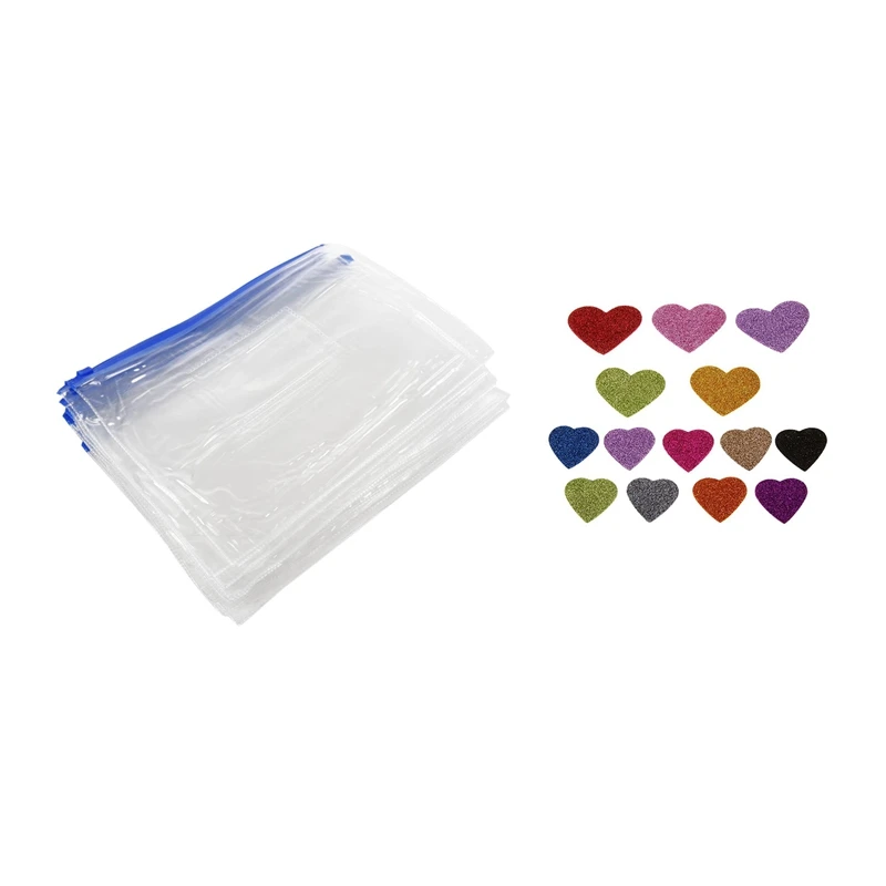 

12PCS A5 Blue Zip Zippy Bags With 50PCS Glitter Foam Heart Shape Mixed Self Adhesive Sticker