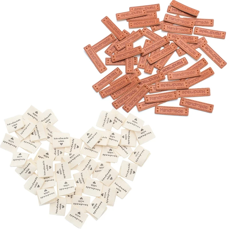 

50PCS Handmade Fabric Labels & 50 PU Leather Labels Decorative Tags Sewing Garment Label DIY Labels Accessories