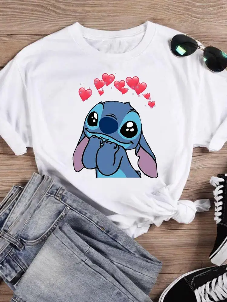 

Fashion Disney Short Sleeve Women Print Clothing Stitch Casual Tee Shirt 90s Trend Sweet Lovely Cartoon Graphic T-shirts
