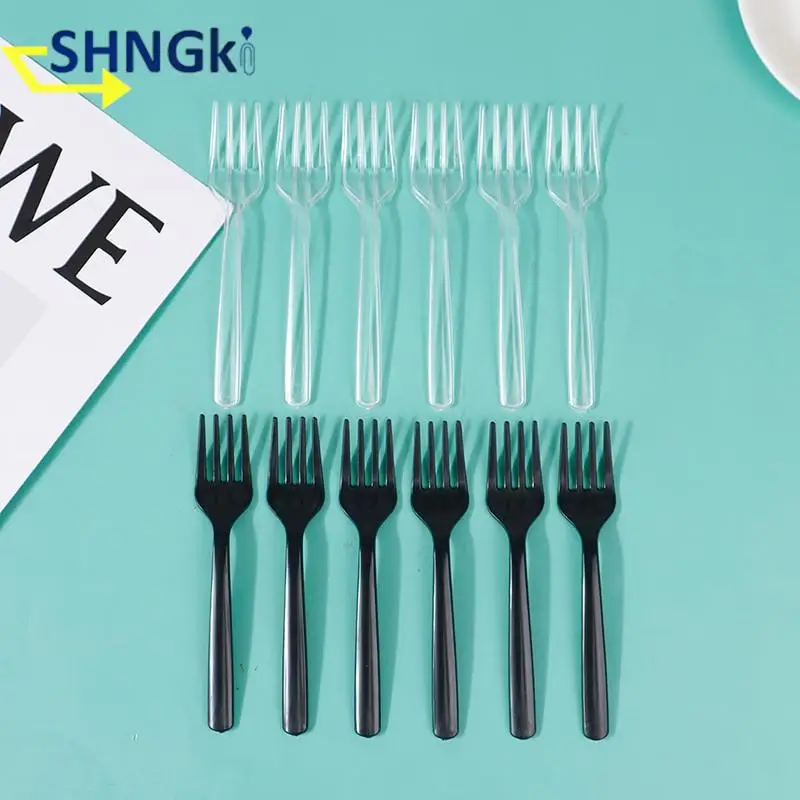 

100 шт. прозрачные черные одноразовые вилки для вечеринки, палочки для барбекю, набор палочек, пластиковые вилки для пищевых продуктов для до...