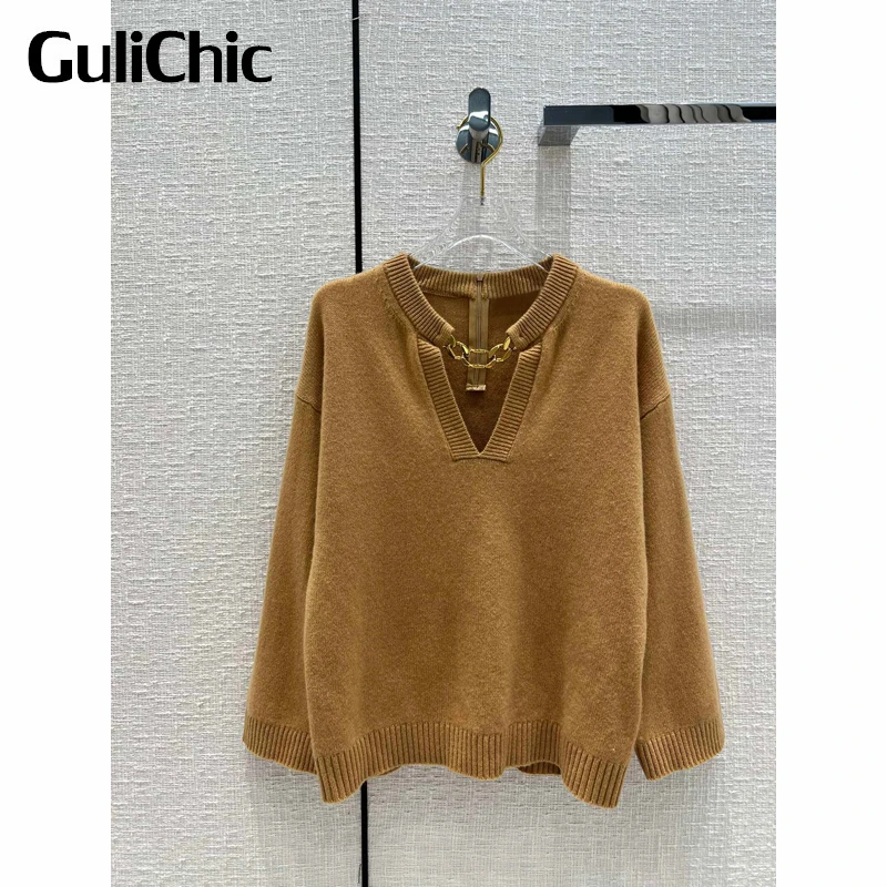 

10.7 GuliChic Women Fashion Cashmere Knitted V-Neck Chain Decoration Solid Color Soft Comfortable Pullover Sweater