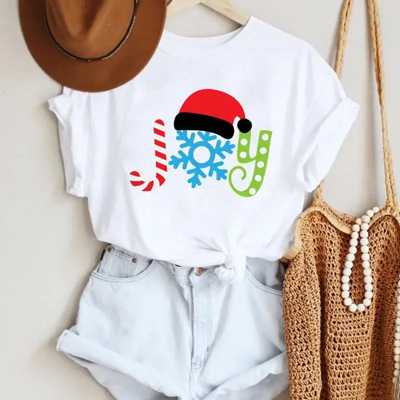 

Женские зимние футболки со снежинками, милые модные футболки с рождественским принтом, дорожный топ с графическим рисунком, футболка, женск...