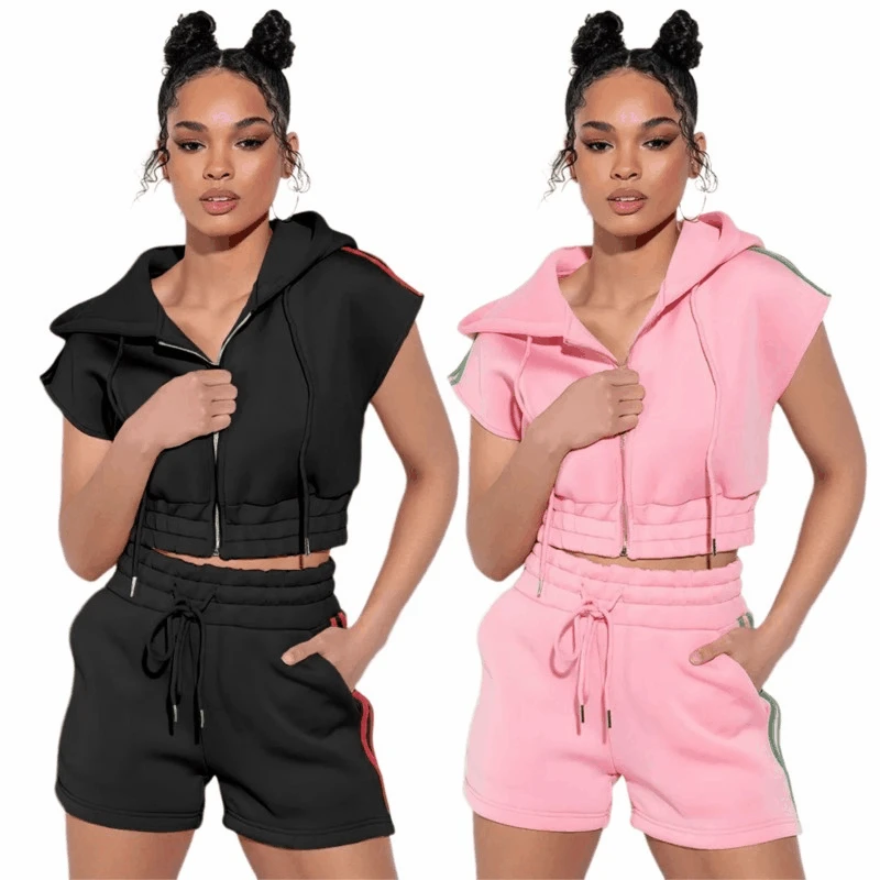 

Two Piece Set Summer New Women's Casual Tracksuit Solid Zip Pocket Hoodie Elastic Waist Shorts Matching Outfits 2 Piece Set 2022