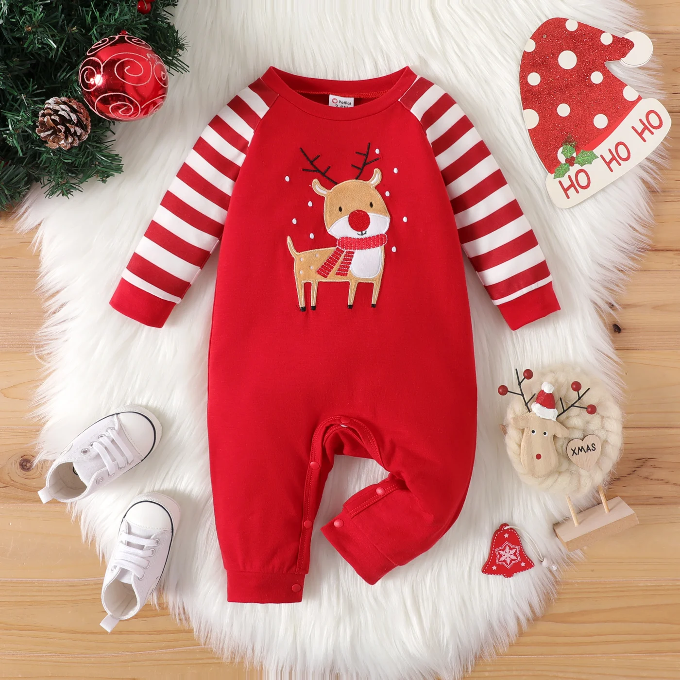 

PatPat Christmas Newborn Baby Boy Clothes New Born Overalls Romper Reindeer Graphic Red Striped Long-sleeve one-pieces Jumpsuit