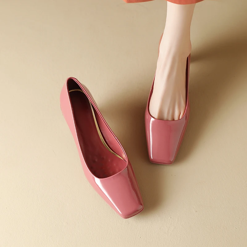 Green spring and autumn square-headed women's shoes cow leather patent leather simple high-heeled women's shoes with thick heels