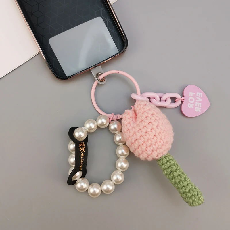 Hand Beading Universal Phone AntiLoss Lanyard Key Strap Cellphone Lanyard Mobile Pendant Knitting Tulip Pendant Key Ring Lanyard