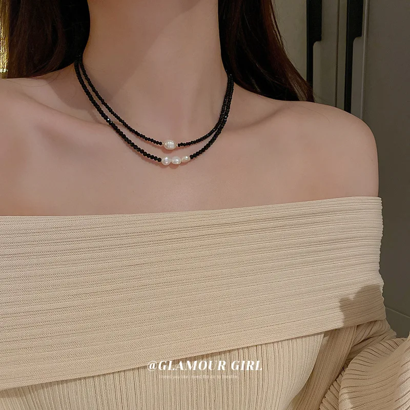 

Minar Stylish Black Color Crystal Beads Chain Chokers Necklaces 2 Pieces/Set Irregular Pearl Pendant Necklace for Women Gift