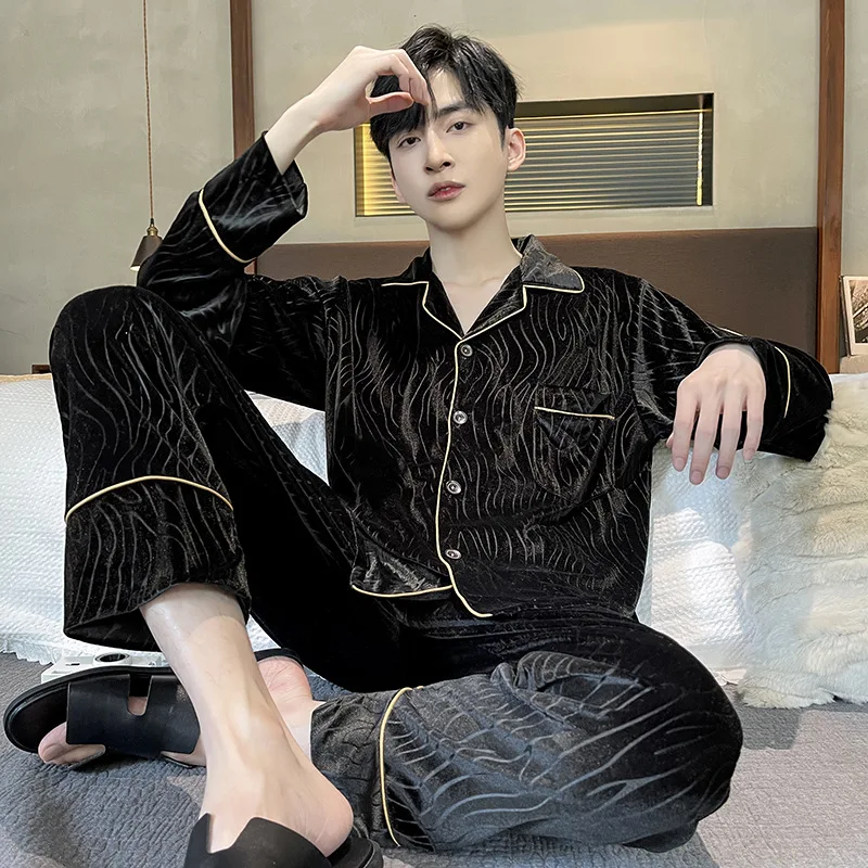 Men Pajama Set Cardigan Pleuche Velvet Loose Spring Autumn Winter Long Sleeve Pattern Pant Sleepcoat Trouser Homewear Nightshirt