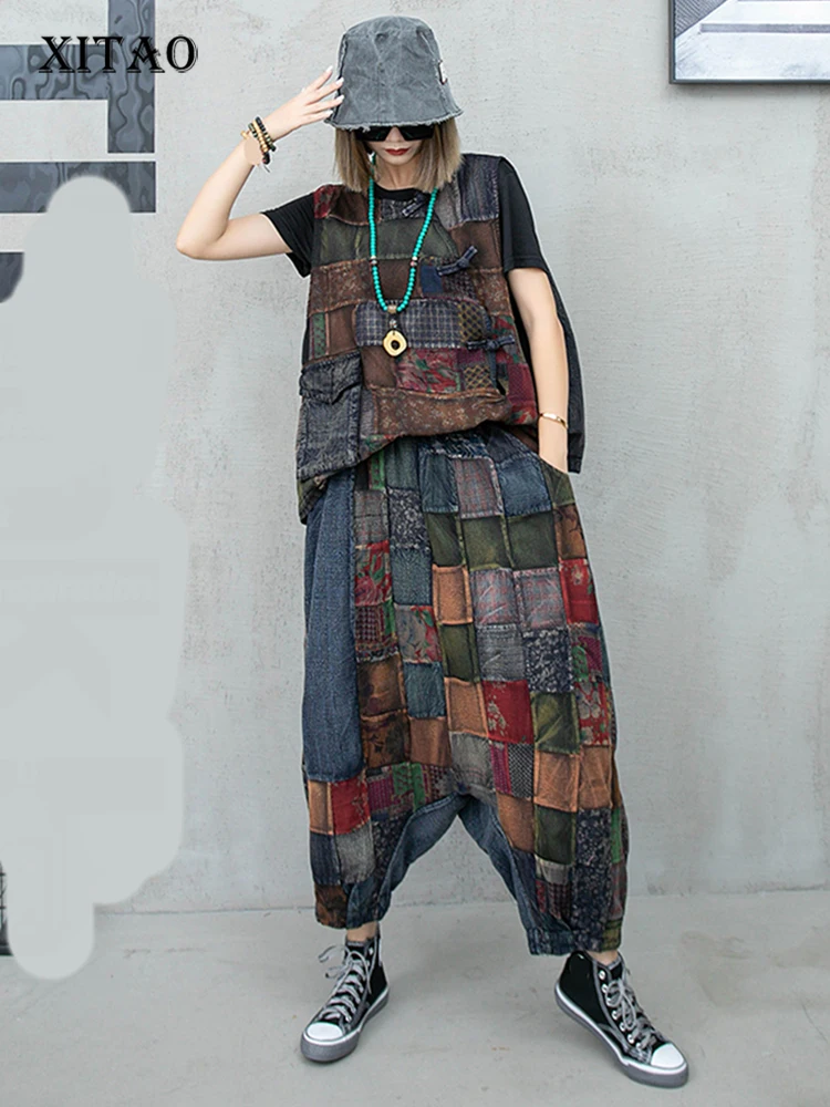 

XITAO/штаны пэчворк в стиле ретро; Комплект из двух предметов для женщин в Корейском стиле; Модный свободный комплект; Новое поступление 2023 года; Сезон лето; WLD11760