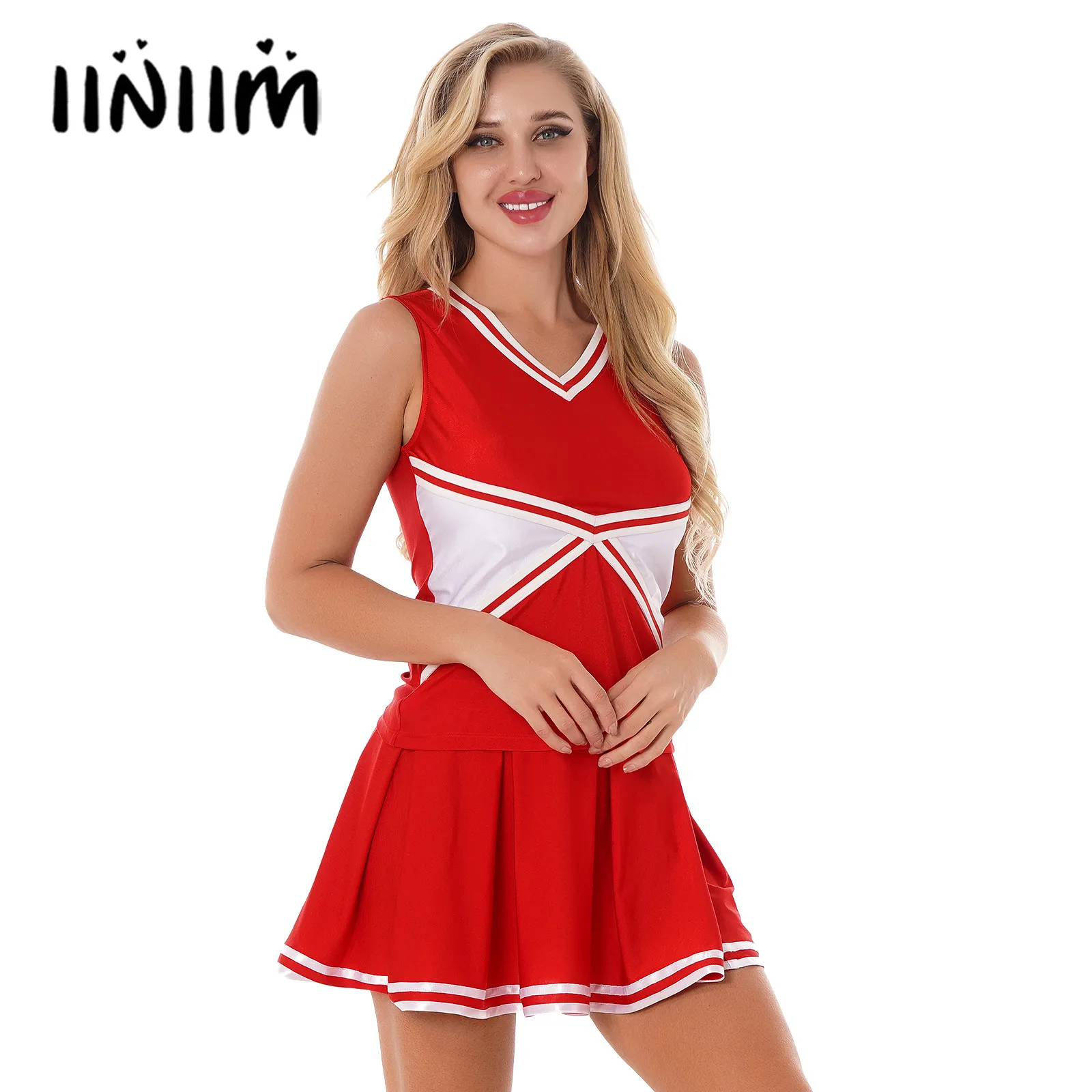 

Womens Cheerleading Outfit School Girls Competition Dance Costume Color Block V Neck Sleeveless T-shirt with Pleated Skirt