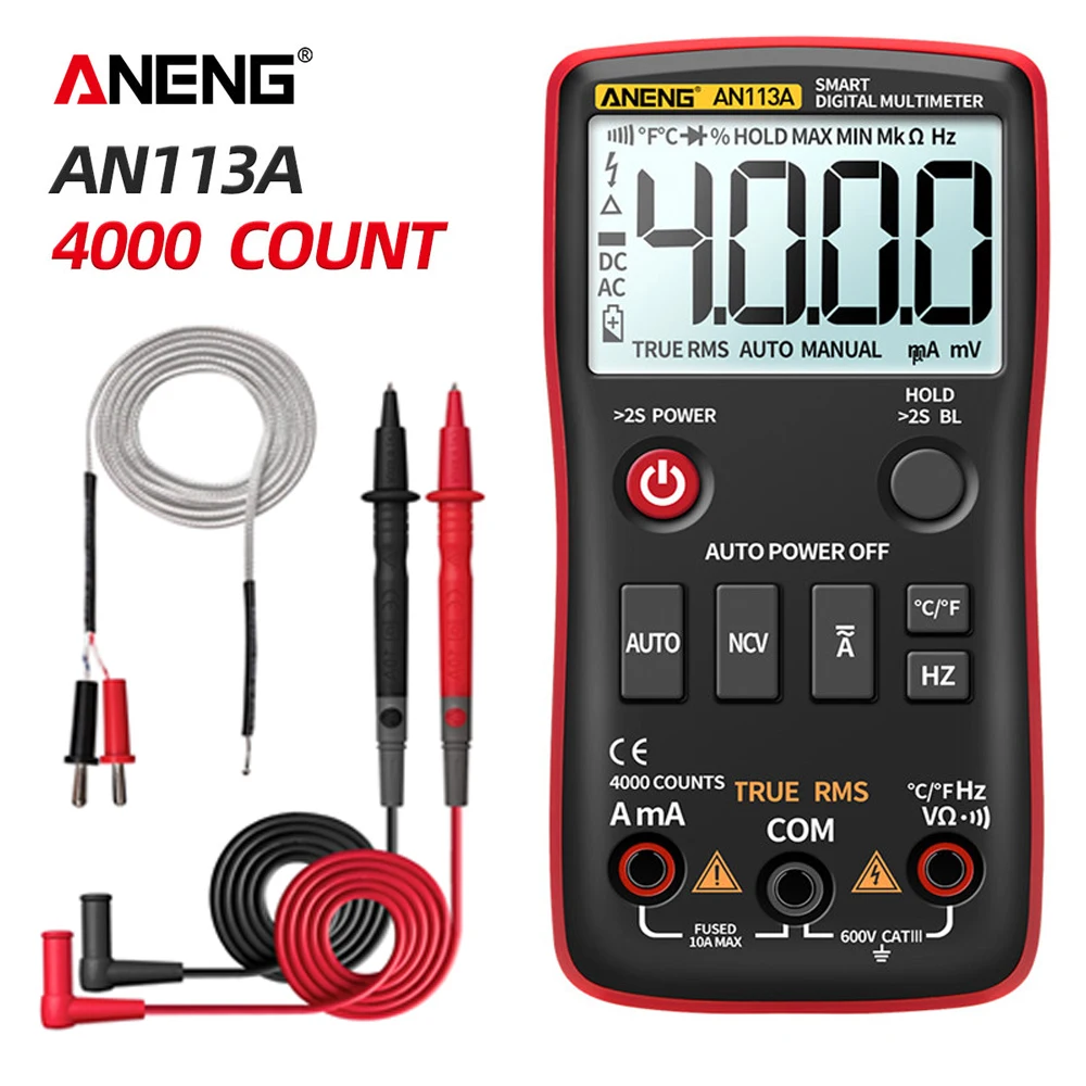 

ANENG AN113A Digital Multimeter True RMS with Temperature Tester 4000 Counts Auto-Ranging AC/DC Transistor Voltage Meter